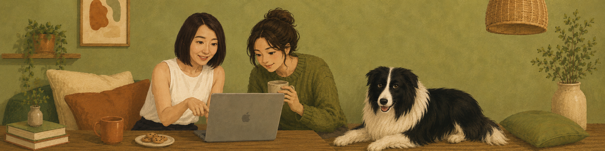 LuLu 與學員一起看著筆電學習，旁邊是邊境牧羊犬